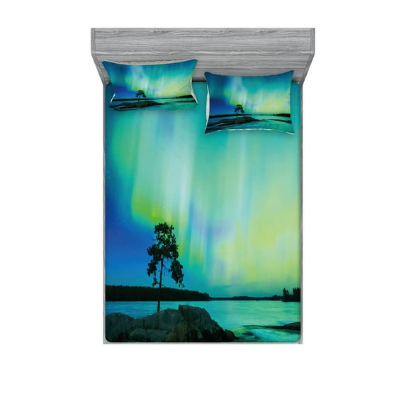 Aurora Borealis Fitted Sheet & Pillow Sham Set, Single Tree over Rocky Stone by River Borealis Earth Beauty Image, Decorative 6 Piece Bedding Decor Set, King, Teal Blue Lime Green, by Ambesonne