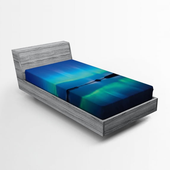 Aurora Borealis Fitted Sheet Unusual Sky Scenery over Calm Serene Lake Color Reflections Landscape, Soft Decorative Fabric Bedding, Violet Blue, by Ambesonne