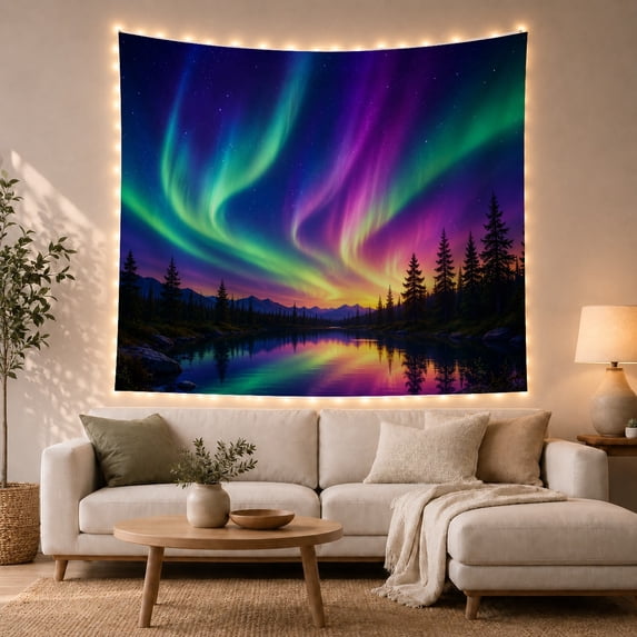 Aurora Borealis Over Forest Lake Silhouettes, Mystical Celestial for Nature Lovers, Enchanted Northern Art Decor, Housewarming Gift Tapestry Wall Hanging for Bedroom and Living Room