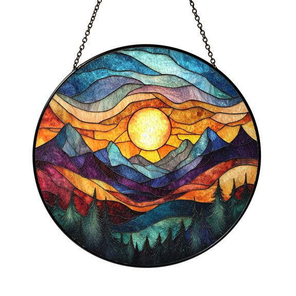 Aurora Borealis Forest Stained Glass Suncatcher Window Hanging, Colorful Sky Light Catcher Decor, Nature Theme Gift for Home