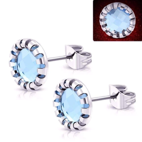 Aurora Borealis Glass Button Stud Stainless Steel Earrings Blue Stone Set on White Gold