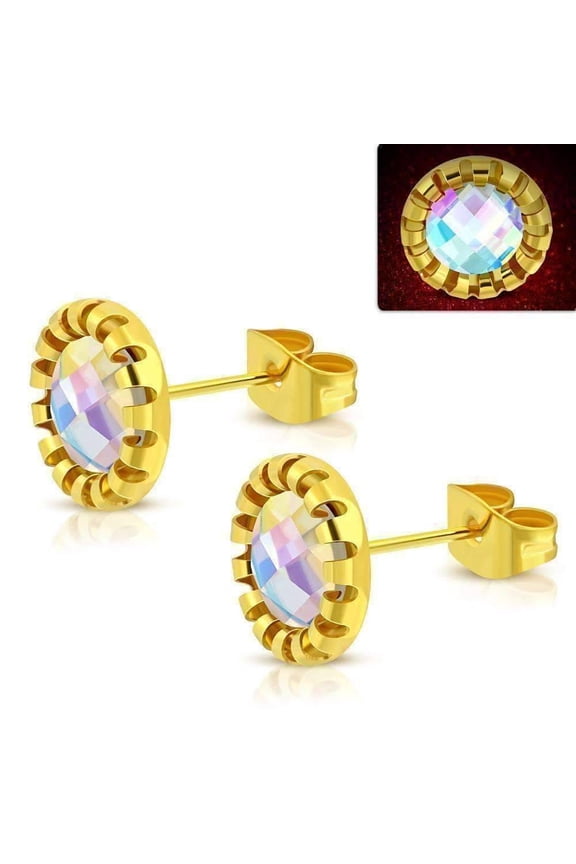 Aurora Borealis Glass Button Stud Stainless Steel Earrings