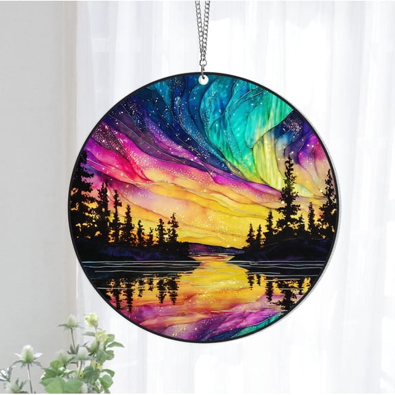 Aurora Borealis Glass Suncatcher Hanging, Forest Aurora Suncatcher, Handcrafted Northern Lights Decor, Glass Art for Nature Lover