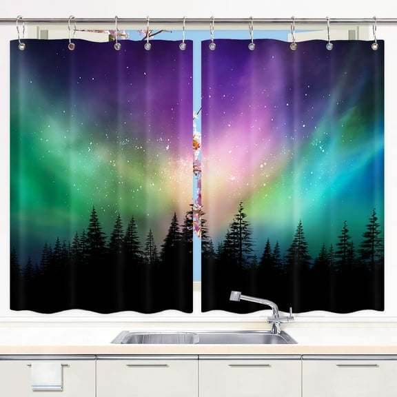 Aurora Borealis Kitchen Curtains, Purple Green Northern Lights Aurora Borealis Misty Forest Window Curtain Panels, Kitchen Curtains for Living Room Bedroom Window Treatment 2 Panels 21 x 45 Inch