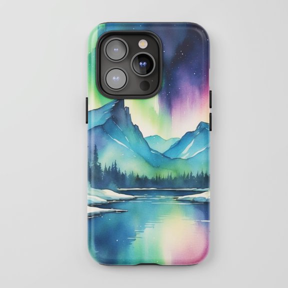 Aurora Borealis Landscape For All iPhone Series Tough Phone Case Watercolor Style Blue Green Pink