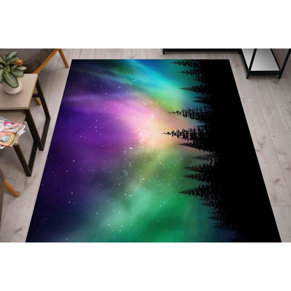Aurora Borealis Landscape Rugs, Northern Lights Rug, Landscape Forest Rug, Luxury Anti-Slip Carpet, Washable Rubberback Rug, Non-Shedding Low-Pile Floor Carpet For Living Room 1x2ft