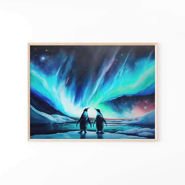 Aurora Borealis Loving Penguins Wall Art Print, Winter Northern Lights ...