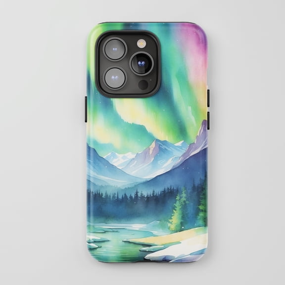 Aurora Borealis Mountains For All iPhone Series Tough Phone Case Watercolor Landscape