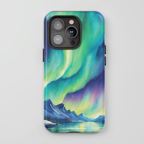 Aurora Borealis Mountains For All iPhone Series Tough Phone Case Watercolor
