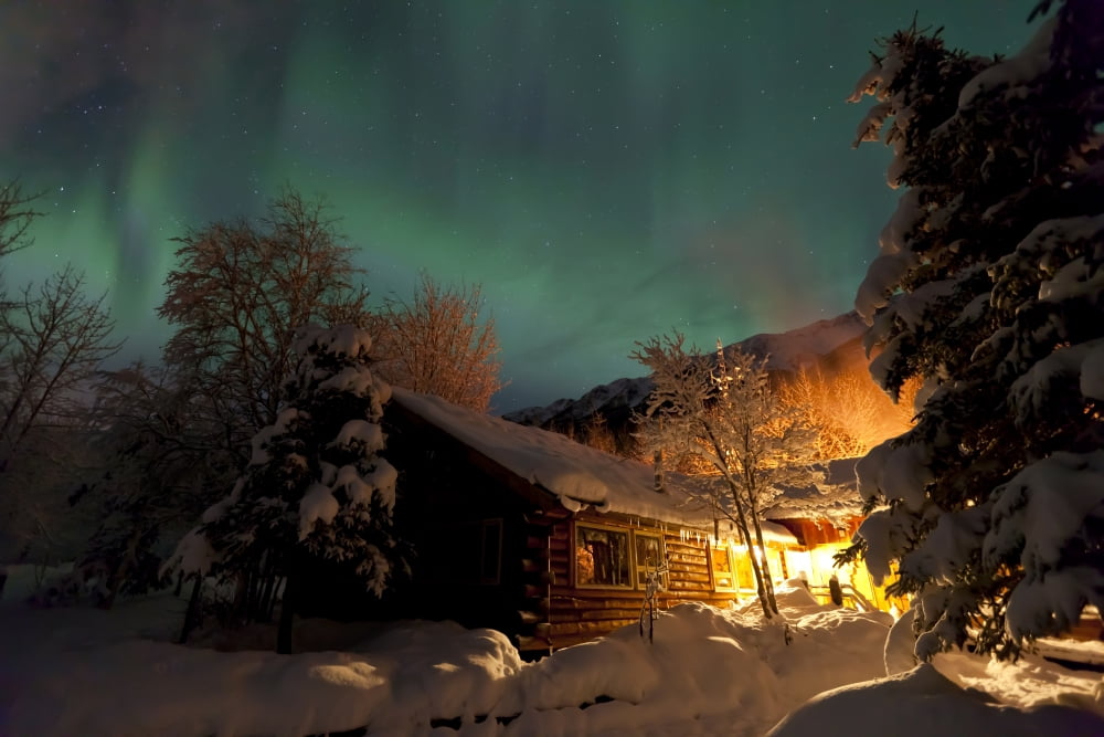 Aurora Borealis (Northern Lights) Over The Eagle River Nature Center And Chugach Mountains Southcentral Alaska Winter Canvas Art - Lucas Payne Design Pics (19 x 12)