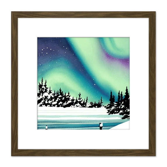 Aurora Borealis Northern Lights Night Sky Over Snowy Countryside Landscape Painting Square Wooden Framed Wall Art Print Picture 8X8 Inch