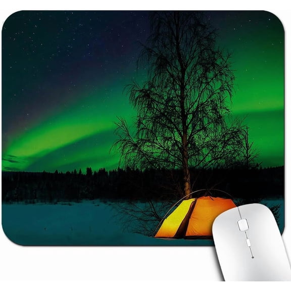 Aurora Borealis Office/Gaming Mouse Pad 9.5"x7.9", Anti-Slip Mat for Desk, Camping Tent Under Starry Field Nature Scene Picturesque