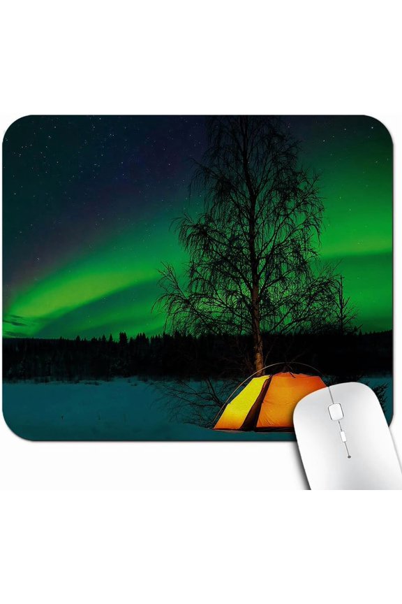 Aurora Borealis Office/Gaming Mouse Pad 9.5"x7.9", Anti-Slip Mat for Desk, Camping Tent Under Starry Field Nature Scene Picturesque