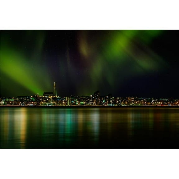 Aurora Borealis Or Northern Lights Over Reykjavik Skyline Reykjavik Iceland Poster Print, 36 x 12