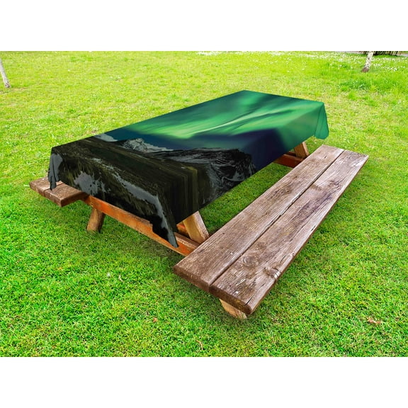 Aurora Borealis Outdoor Tablecloth, Flash of Aurora Polaris above Mountains in Night Picture, Decorative Washable Fabric Picnic Tablecloth, 58 X 104 Inches, Jade and Army Green Blue Grey, by Ambesonne