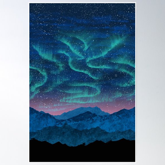Aurora Borealis Over Mountains Poster Wall Art, Modern Wall Decor, 24x36 UNFRAMED