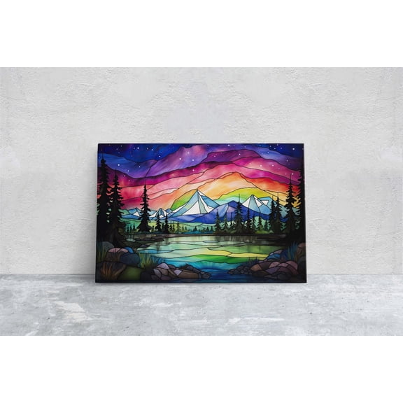 Aurora Borealis Painting Night Moon Mountains Mountain Cold Mountains Wall Art Unframed Paper Print