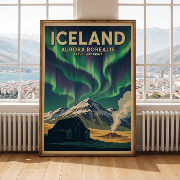 Aurora Borealis Poster, Retro Travel Vector, Neon Green And Teal, Deep Navy Sky, Travel Inspired Home And Office Decor