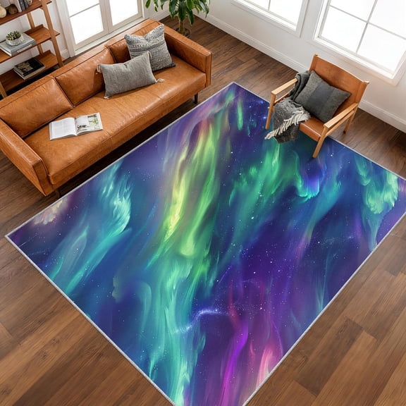 Aurora Borealis Sky Area Rug, Natural Night Pattern Carpet, Washable Non Slip Low Pile Soft Thin, Living Room Bedroom Home Decor Mat 5x8ft