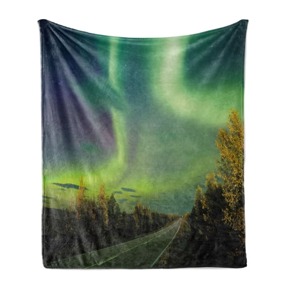Aurora Borealis Soft Flannel Fleece Blanket, Highway Road Nordic Rays of Sky Surreal Sun Atmosphere Image, Cozy Plush for Indoor and Outdoor Use, 50" x 70", Blue Lime and Fern Green, by Ambesonne