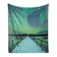 thumbnail image 1 of Aurora Borealis Soft Flannel Fleece Blanket, Long Mystic Sky over Bridge in Snowy Arctic Frozen River Image, Cozy Plush for Indoor and Outdoor Use, 70" x 90", Lime Green Petrol Blue, by Ambesonne, 1 of 5