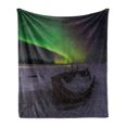 thumbnail image 1 of Aurora Borealis Soft Flannel Fleece Blanket, Pattern of a Winter Landscape with Wooden Boat Galaxy Nobody Cosmos Image, Cozy Plush for Indoor and Outdoor Use, 50" x 70", Multicolor, by Ambesonne, 1 of 5