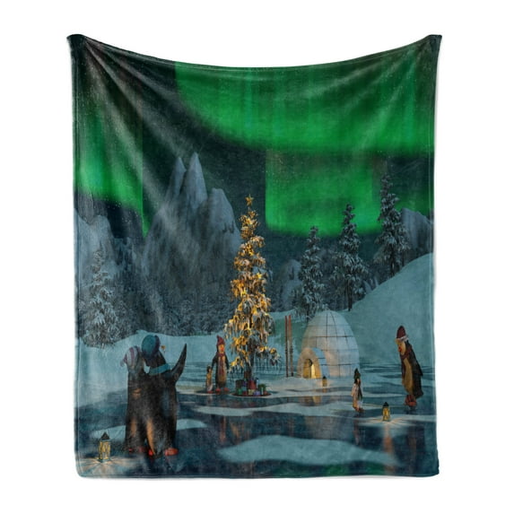 Aurora Borealis Soft Flannel Fleece Blanket, Penguins on Frozen Lake with Christmas Tree Noel Arctic Circle Design, Cozy Plush for Indoor and Outdoor Use, 50" x 60", Lime Green Grey, by Ambesonne