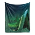 thumbnail image 1 of Aurora Borealis Soft Flannel Fleece Blanket, Wooden Roof House Winter Icy Arctic View Cold Climates Air Image, Cozy Plush for Indoor and Outdoor Use, 50" x 70", Dark Blue Jade Green, by Ambesonne, 1 of 5