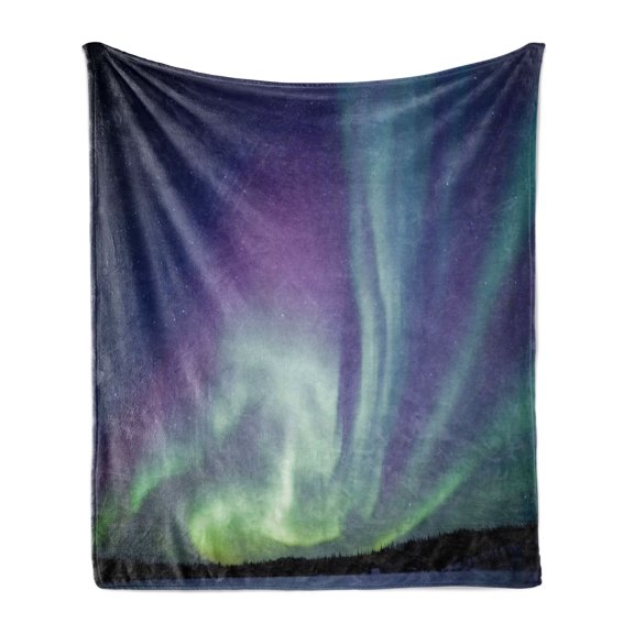 Aurora Borealis Soft Flannel Fleece Throw Blanket, Exquisite Atmosphere Solar Starry Sky Calming Night Image, Cozy Plush for Indoor and Outdoor Use, 50" x 60", Dark Blue Mint Green, by Ambesonne