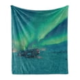 thumbnail image 1 of Aurora Borealis Soft Flannel Fleece Throw Blanket, Old Plane Wreck Under Aurora Borealis Misty Winter Day View, Cozy Plush for Indoor and Outdoor Use, 50" x 60", Petrol Blue Lime Green, by Ambesonne, 1 of 5