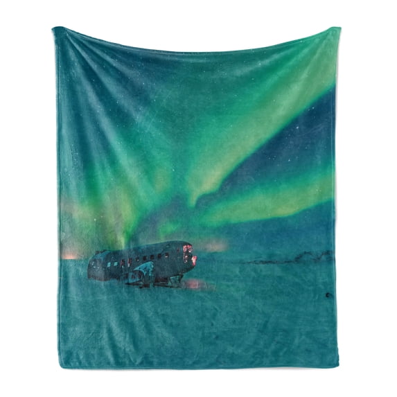 Aurora Borealis Soft Flannel Fleece Throw Blanket, Old Plane Wreck Under Aurora Borealis Misty Winter Day View, Cozy Plush for Indoor and Outdoor Use, 70" x 90", Petrol Blue Lime Green, by Ambesonne