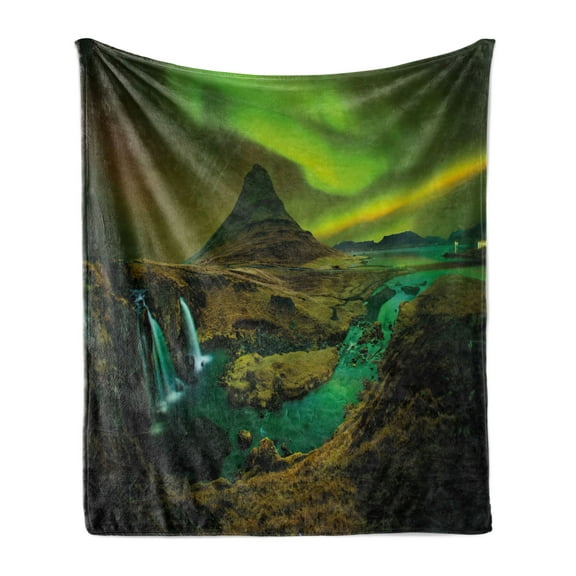 Aurora Borealis Soft Flannel Fleece Throw Blanket, Pale Weather over the Hills Waterfall Creek Nature Landscape, Cozy Plush for Indoor and Outdoor Use, 50" x 60", Fern and Olive Green, by Ambesonne