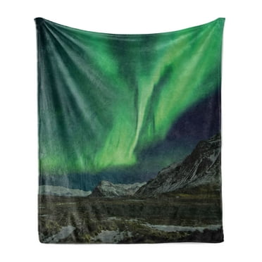 Aurora Borealis Soft Flannel Fleece Throw Blanket, Aurora Polaris Above Mountains in Night Picture, Cozy Plush for Indoor and Outdoor Use, 60" x 80", Army Green Blue Grey, by Ambesonne