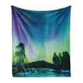 thumbnail image 1 of Aurora Borealis Soft Flannel Fleece Throw Blanket, Sky over Lake Surrounded Forest Woods Hemisphere Print, Cozy Plush for Indoor and Outdoor Use, 60" x 80", Violet Blue Lime Green, by Ambesonne, 1 of 5