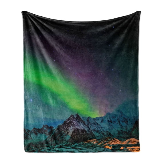 Aurora Borealis Soft Flannel Fleece Throw Blanket, Southern Iceland on Sky over Rocky Hills Wild Night View, Cozy Plush for Indoor and Outdoor Use, 60" x 80", Blue Violet Lime Green, by Ambesonne