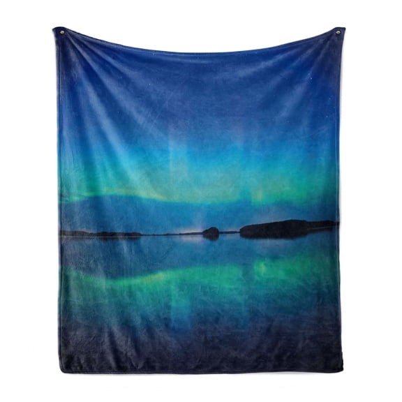 Aurora Borealis Soft Flannel Fleece Throw Blanket, Unusual Sky Scenery over Calm Serene Lake Color Reflections Landscape, Cozy Plush for Indoor and Outdoor Use, 50" x 70", Violet Blue, by Ambesonne