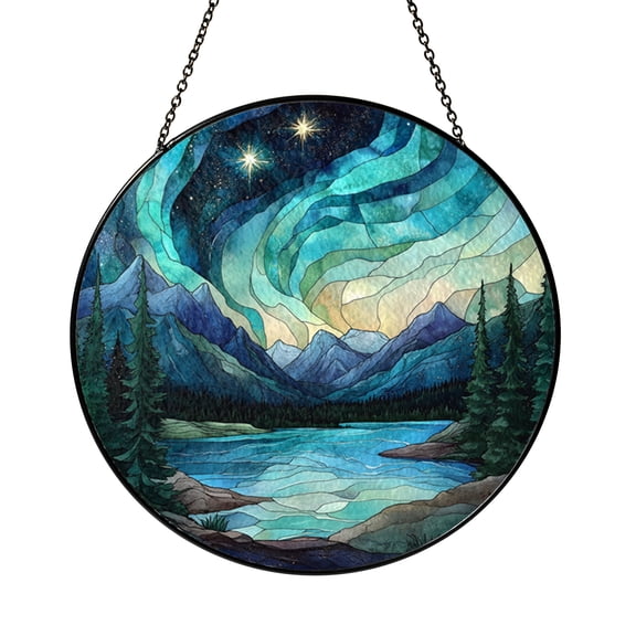 Aurora Borealis Stained Glass Window Panel – Stunning Mountain Landscape with Vibrant Northern Lights, Perfect Nature-Inspired Home or Cabin Decor