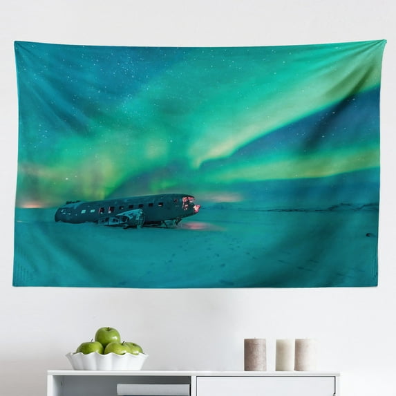 Aurora Borealis Tapestry, Long Mystic Sky Over Bridge in Snowy Arctic Frozen River Image, Fabric Wall Hanging Decor for Bedroom Living Room Dorm, 2 Sizes, Lime Green Petrol Blue, by Ambesonne
