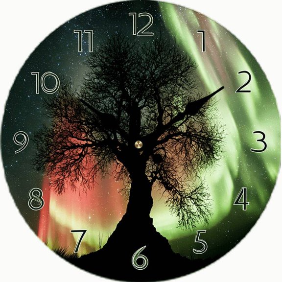Aurora Borealis Tree of Life Wall Clock, Northern Lights Starry Sky Round Silent Non-Ticking Clock, Mystical Tree Silhouette Nature Art Decor Clock for Bedroom Living Room