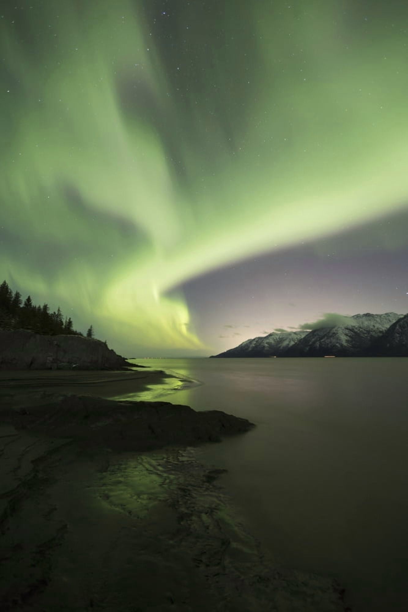 Aurora Borealis dancing above the Chugach Mountains and Turnagain Arm Kenai Peninsula Southcentral Alaska Canvas Art - Lucas Payne Design Pics (12 x 19)