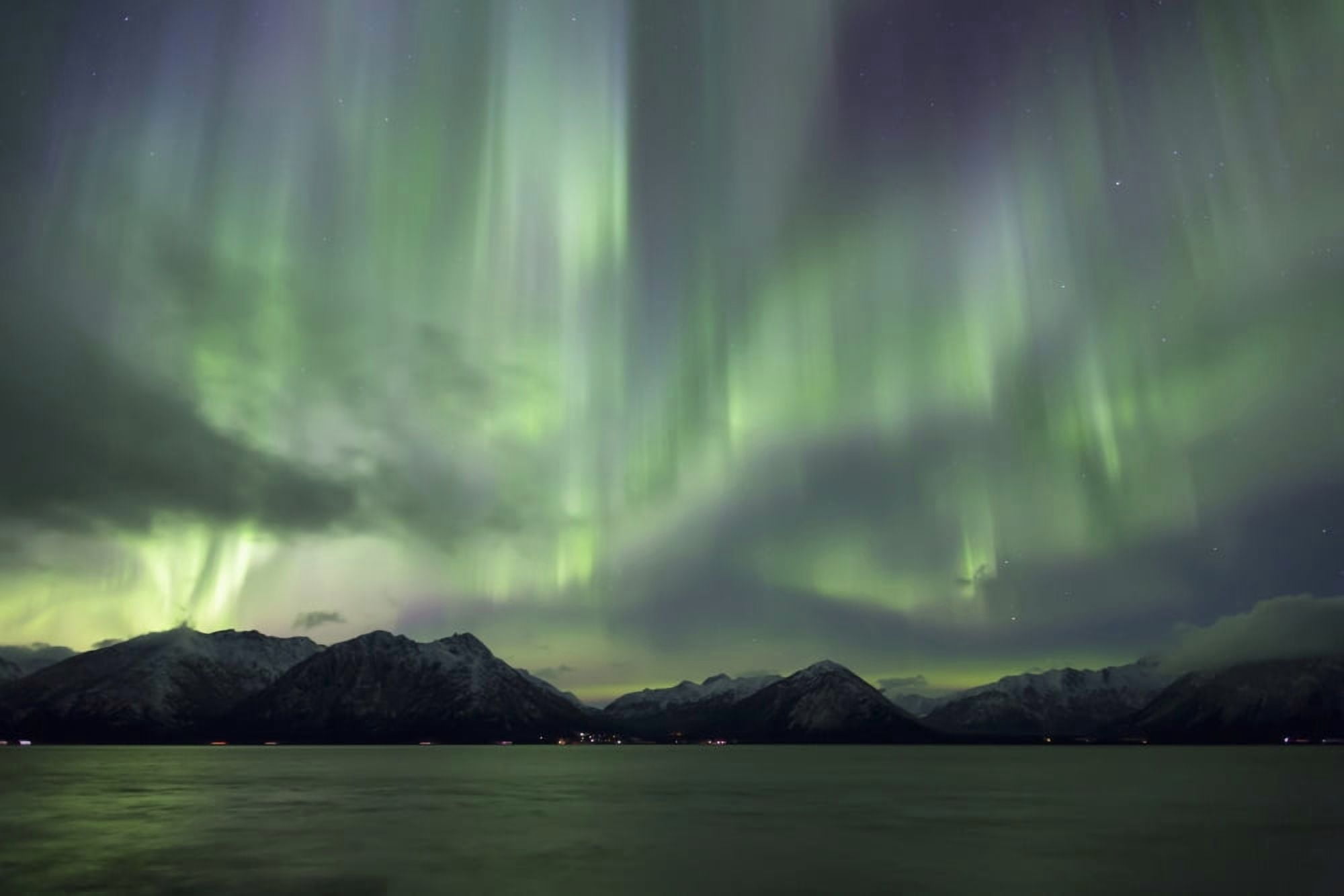 Aurora Borealis dancing above the Chugach Mountains and Turnagain Arm Kenai Peninsula Southcentral Alaska Canvas Art - Lucas Payne Design Pics (38 x 24)
