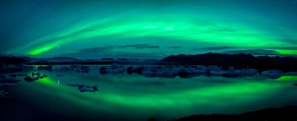 Aurora Borealis or Northern Lights over the Jokulsarlon Lagoon Iceland Canvas Art - Panoramic Images (27 x 9)