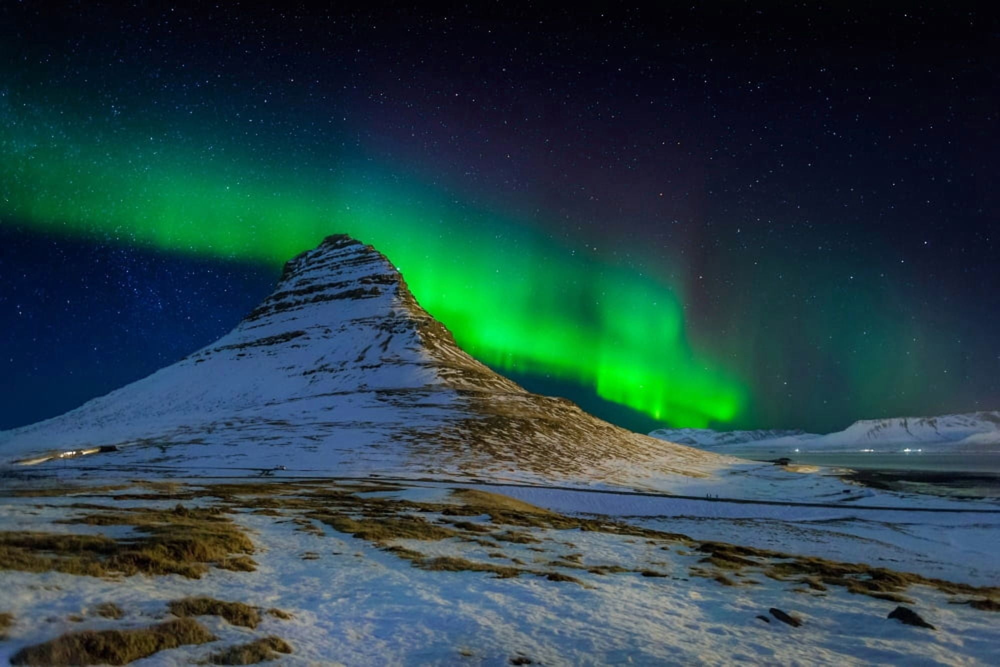 Aurora Borealis or Northern lights over Mt Kirkjufell Snaefellsnes Peninsula Iceland Canvas Art - Panoramic Images (36 x 12)
