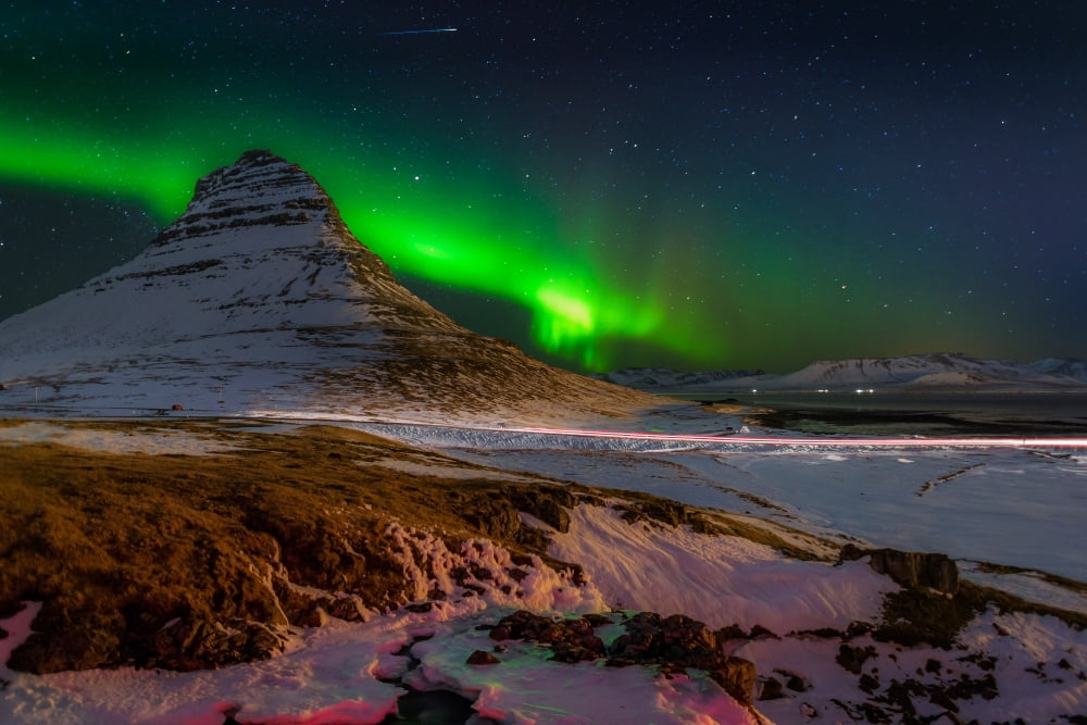 Aurora Borealis or Northern lights over Mt Kirkjufell Snaefellsnes Peninsula Iceland Canvas Art - Panoramic Images (36 x 12)