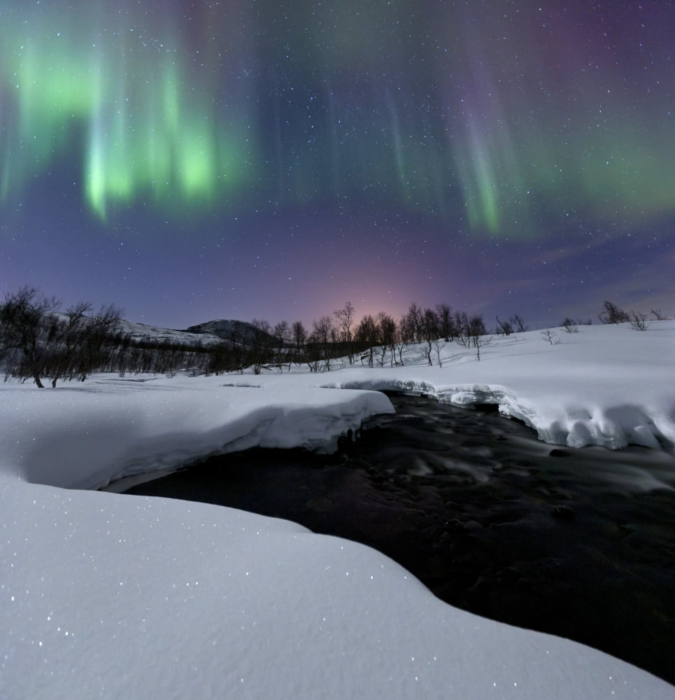 Aurora Borealis over Blafjellelva RIver in Troms County Norway Canvas Art - Arild HeitmannStocktrek Images (28 x 29)
