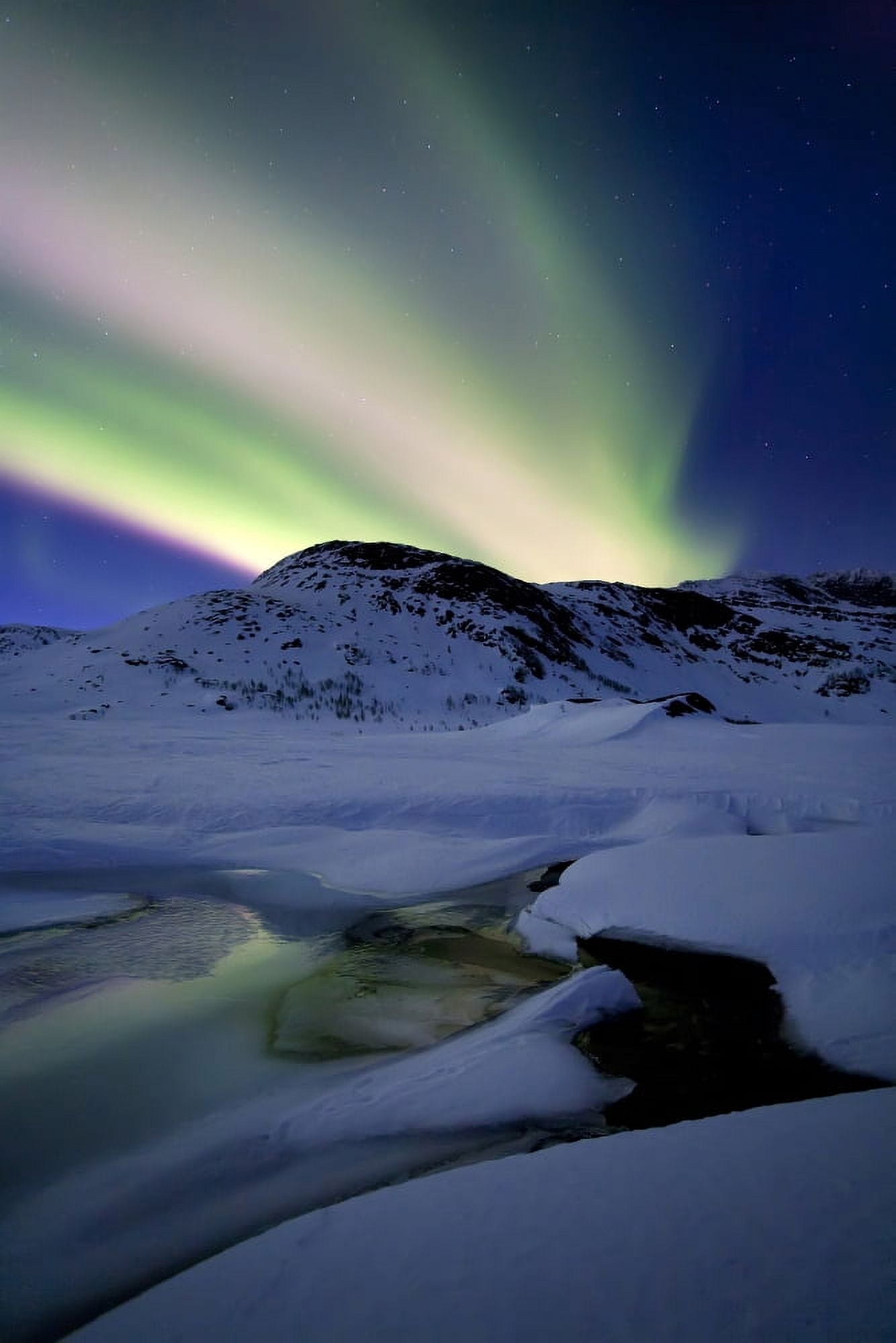Aurora Borealis over Mikkelfjellet Mountain in Troms County Norway Canvas Art - Arild HeitmannStocktrek Images (12 x 18)