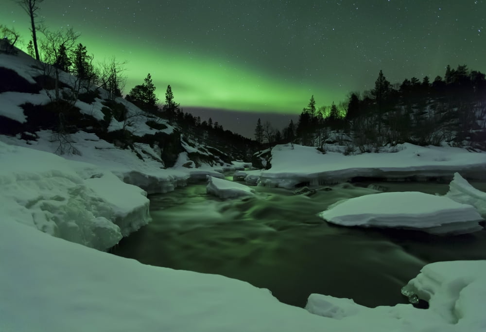 Aurora Borealis over Tennevik River Troms Norway Canvas Art - Arild HeitmannStocktrek Images (17 x 12)