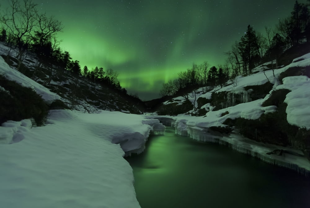 Aurora Borealis over Tennevik River Troms Norway Canvas Art - Arild HeitmannStocktrek Images (18 x 12)