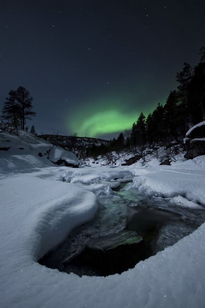 Aurora Borealis over Tennevik River in Norway Canvas Art - Arild HeitmannStocktrek Images (23 x 34)