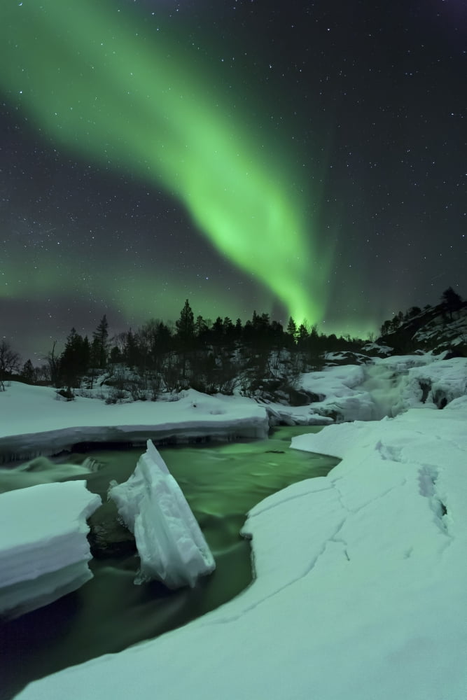 Aurora Borealis over a frozen Tennevik River Troms Norway Canvas Art - Arild HeitmannStocktrek Images (12 x 17)